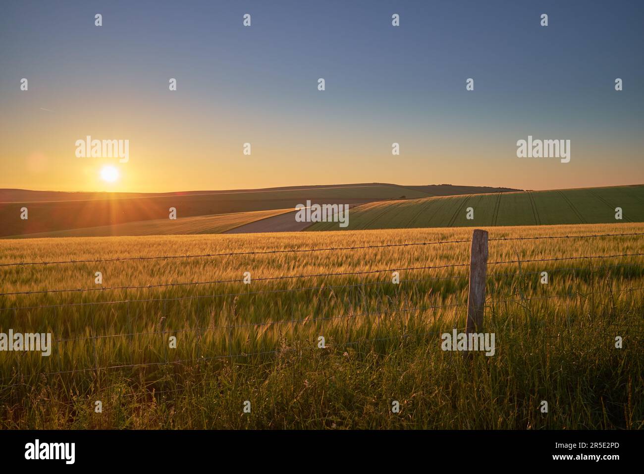 Ackerland im South Downs National Park mit Sonnenuntergang über dem Sussex Weald. Die niedrige Sonne wirft Lichter und Schatten auf die Hügel. Stockfoto