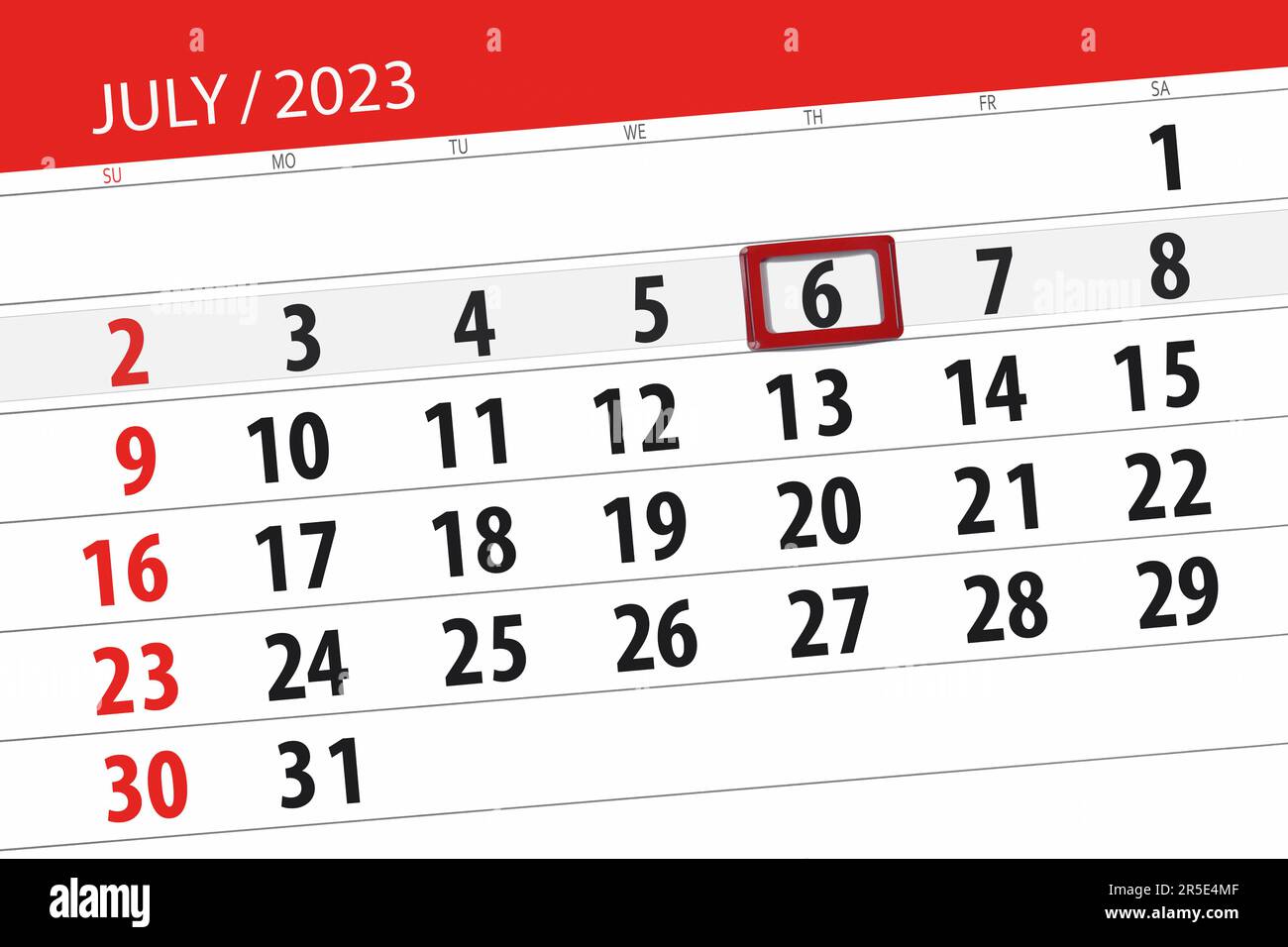 Kalender 2023, Frist, Tag, Monat, Seite, Organisator, Datum, Juli, donnerstag, Nummer 6. Stockfoto