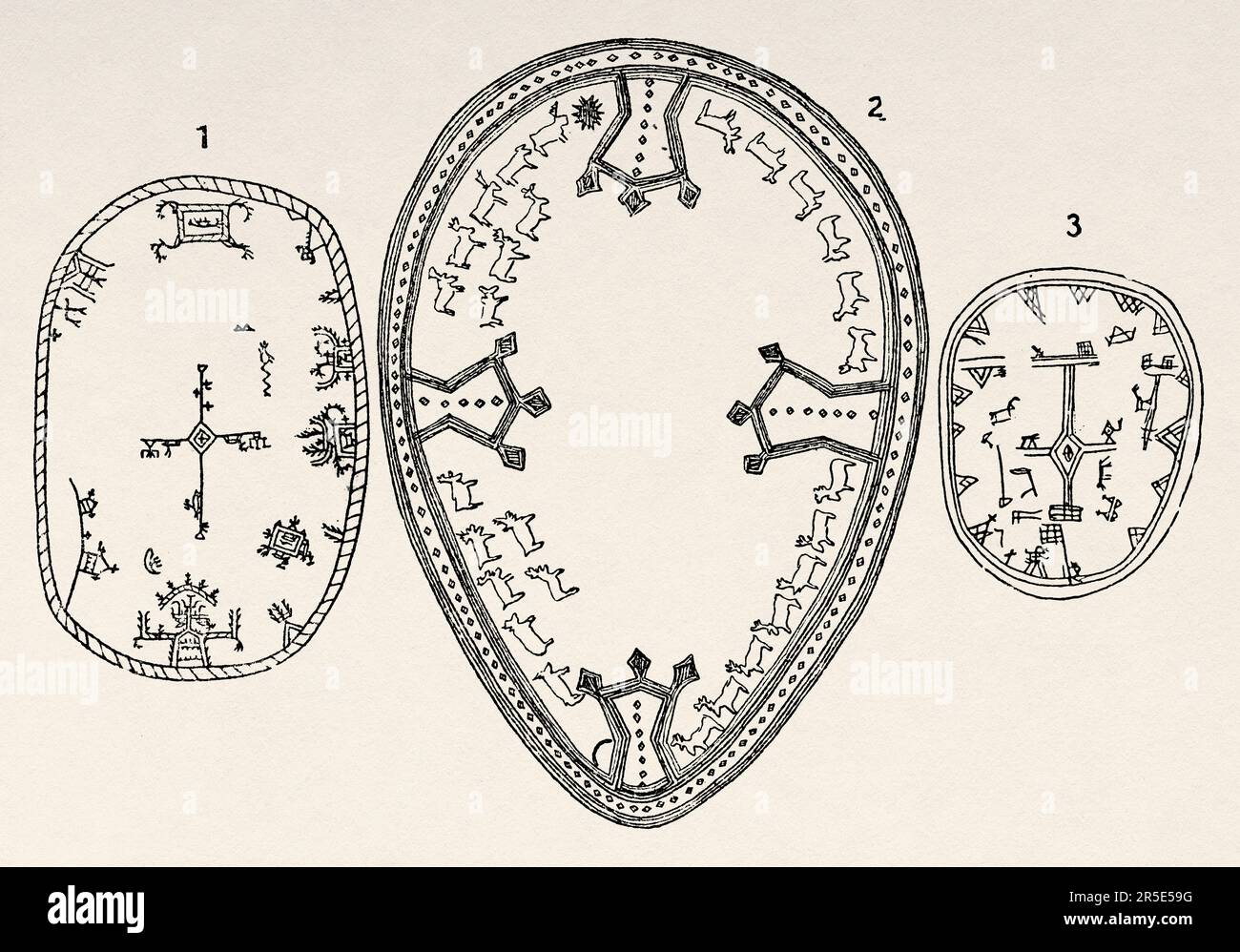 Magische Trommelpsalme. 1-3 Lappland-Trommel, 2 Shaman-Trommel. Alte Gravur aus dem 19. Jahrhundert aus La Nature 1887 Stockfoto
