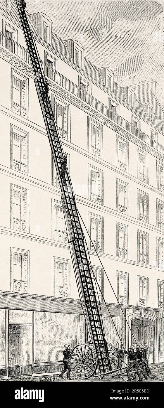 Bayley-Leiter in ausgeklappter Position. Feuerwehr der Stadt Paris, Frankreich. Alte Gravur aus dem 19. Jahrhundert aus La Nature 1887 Stockfoto