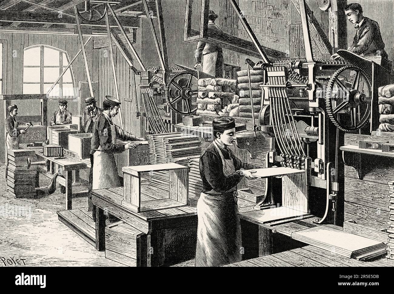 Kastennagelmaschinen in den Bauwerkstätten des Werks Noisiel. Alte Gravur aus dem 19. Jahrhundert aus La Nature 1887 Stockfoto