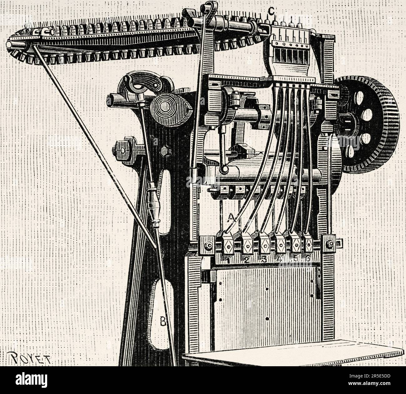 Kastennagelmaschinen in den Bauwerkstätten des Werks Noisiel. Alte Gravur aus dem 19. Jahrhundert aus La Nature 1887 Stockfoto