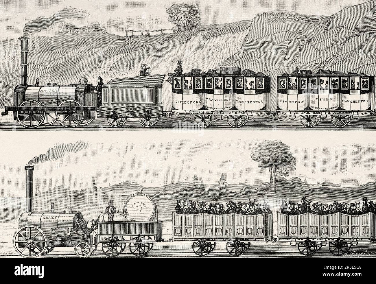 Dampflokomotiven zwischen Liverpool und Manchester 1831, England. Alte Gravur aus dem 19. Jahrhundert aus La Nature 1887 Stockfoto