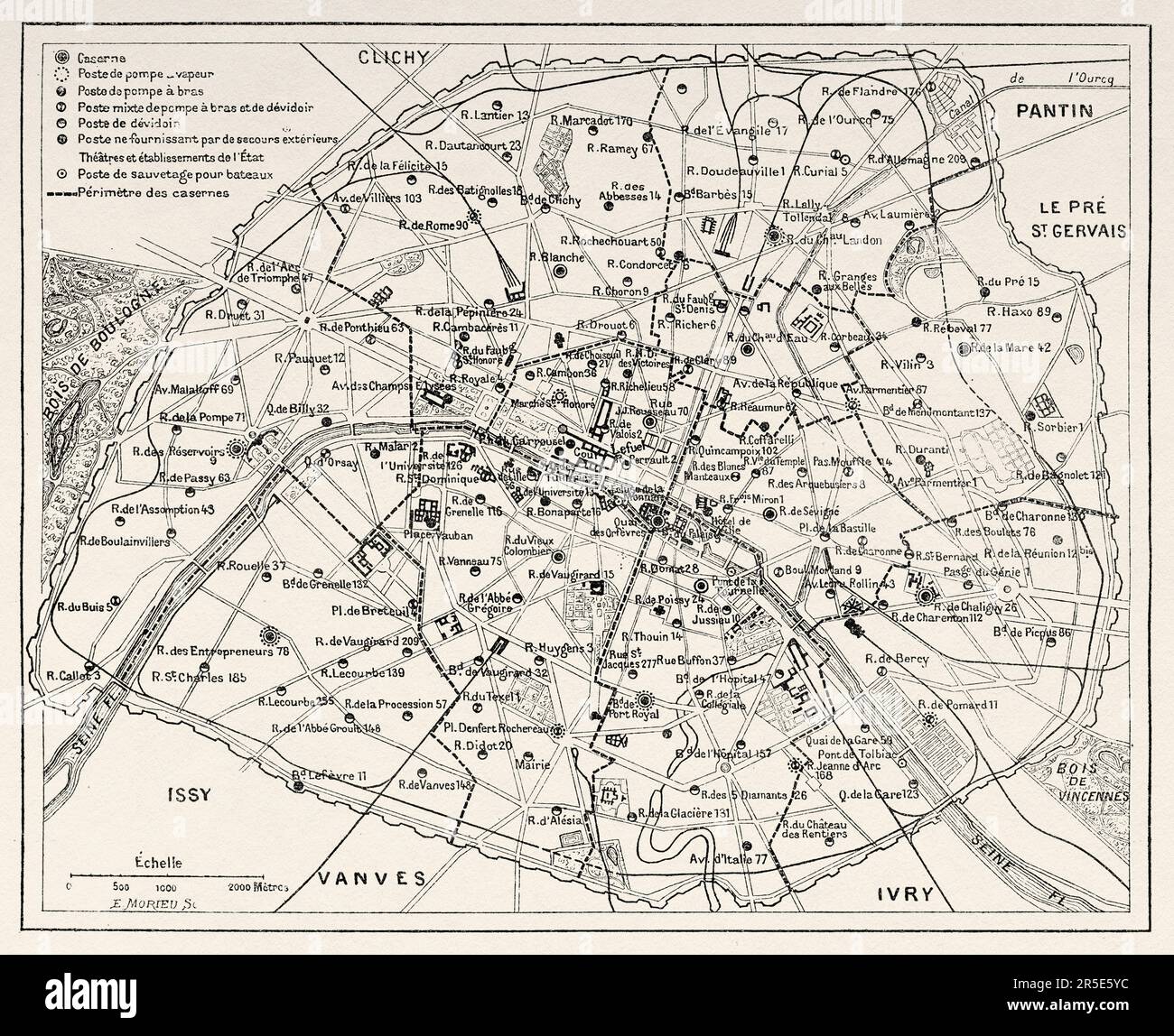 Karte der Kasernen und Feuerwehrstationen in Paris, 1887, Frankreich. Alte Gravur aus dem 19. Jahrhundert aus La Nature 1887 Stockfoto