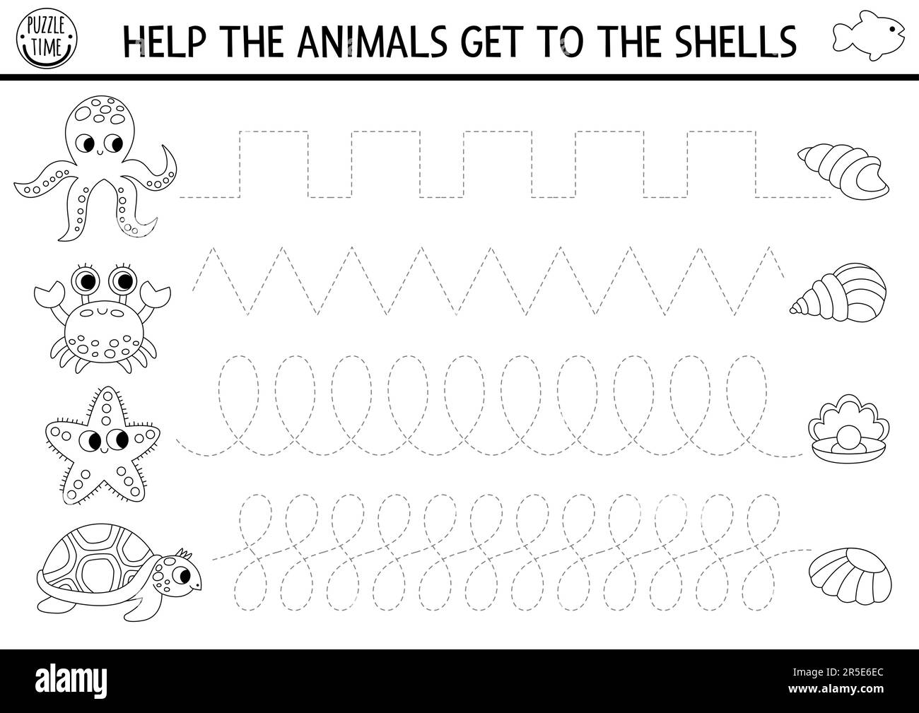 Arbeitsblatt zur Handschrift Vector under the Sea. Ocean Life bedruckbare Schwarz-Weiß-Aktivität für Vorschulkinder. Nachverfolgungsspiel für Schreibmaschine Stock Vektor