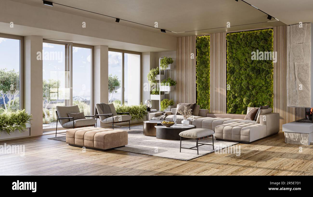 Rentiermooswand im modernen Wohnzimmer. Vertikale Landschaftsgestaltung von Wänden Stockfoto