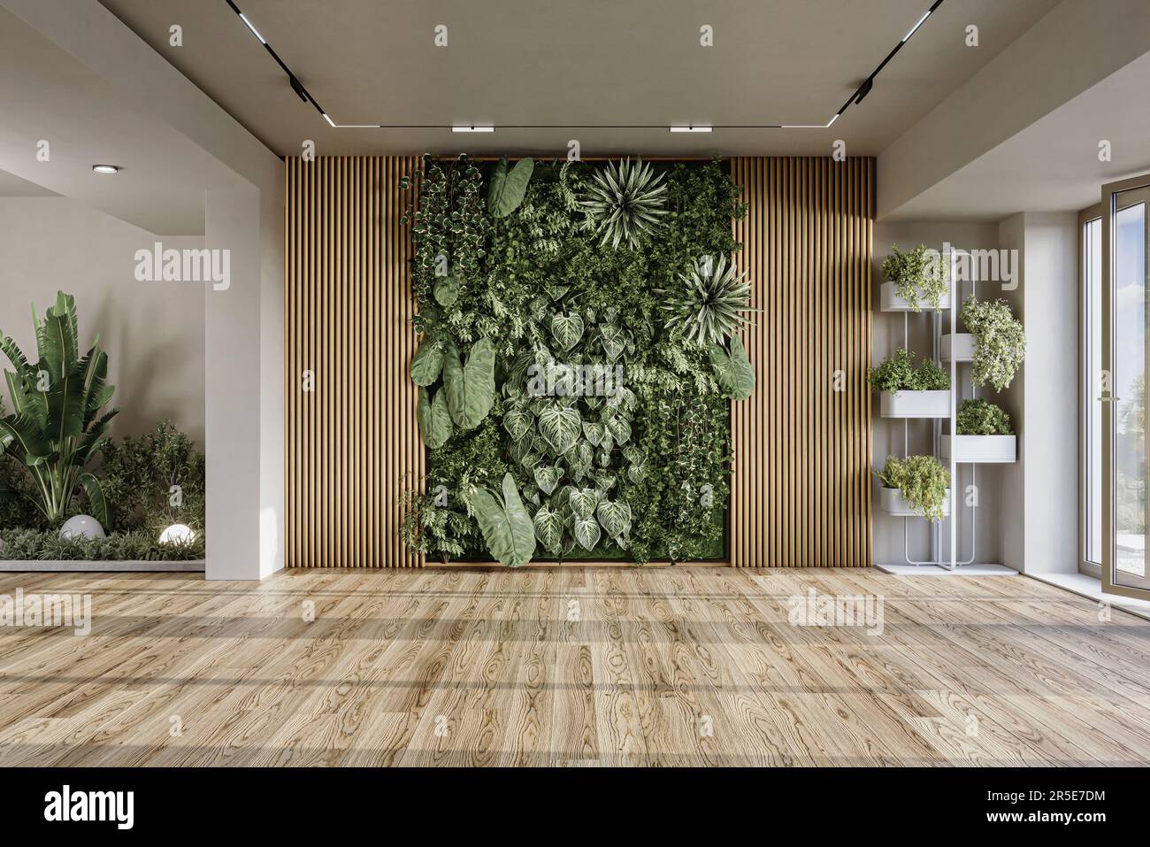 Grüne Wand im Haus. Vertikale Gartenarbeit Stockfoto