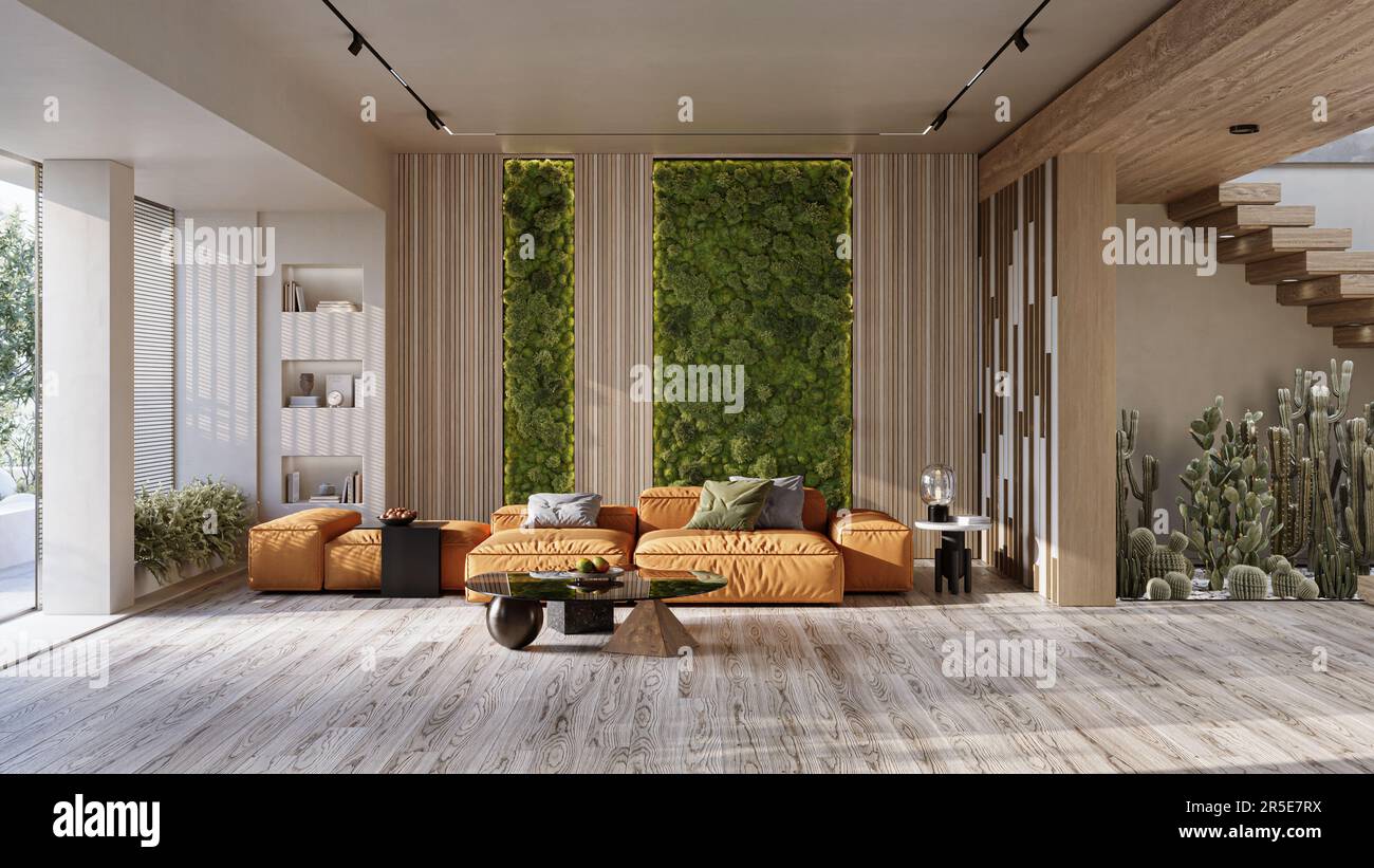 Rentiermooswand im modernen Wohnzimmer. Vertikale Landschaftsgestaltung von Wänden Stockfoto