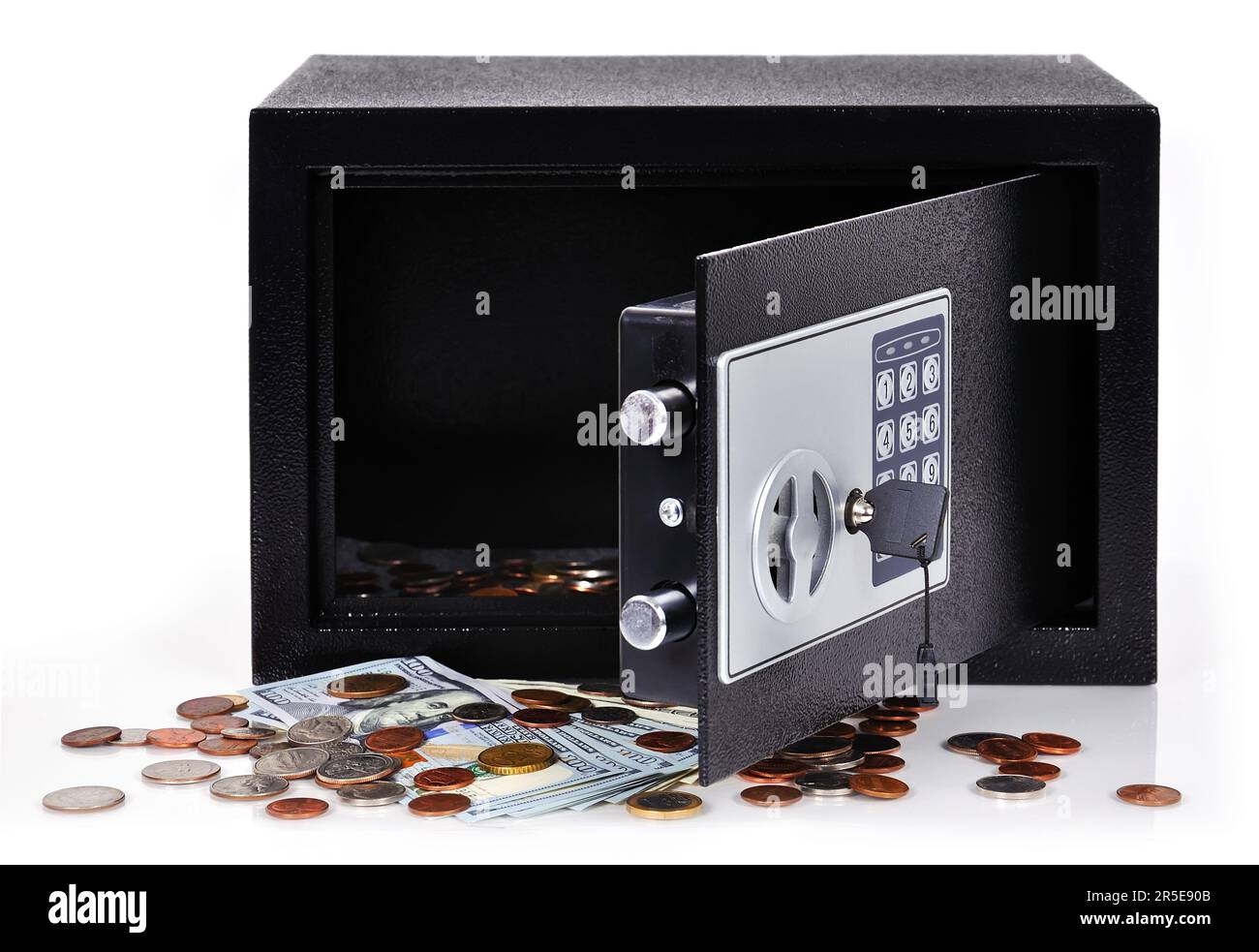 Öffnen Sie sicher mit Dollar und Cent isoliert auf weiss Stockfoto