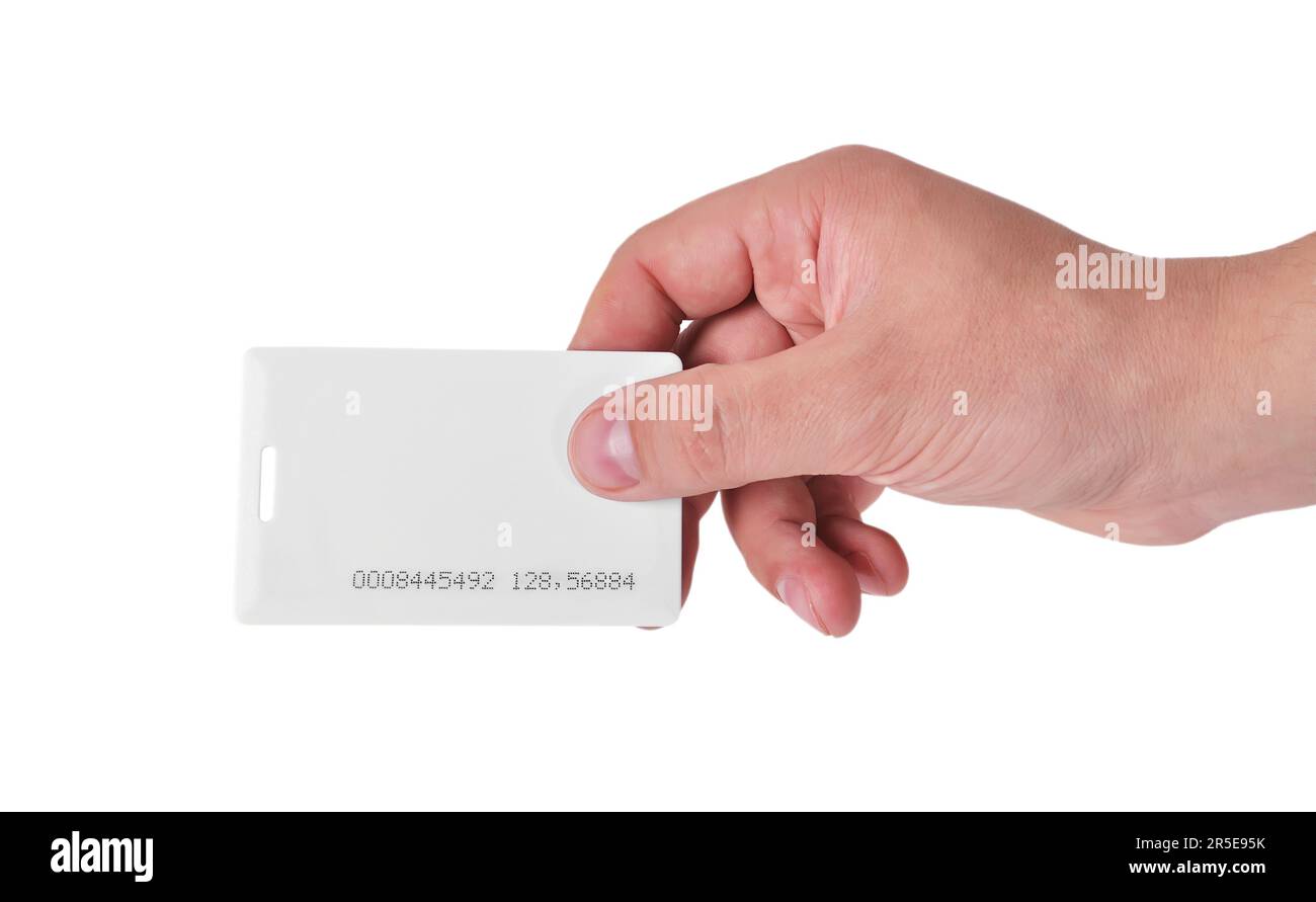 Weiße RFID-Karte mit Handgriff, Nahaufnahme Stockfoto