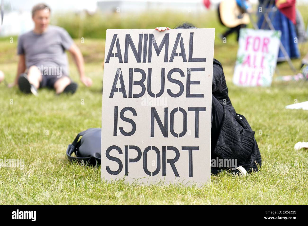 Die Protestgruppe Animal Rising befindet sich vor dem Eingang der Rennstrecke vor dem Derby Day des 2023 Derby Festivals auf der Epsom Downs Rennbahn, Epsom. Foto: Samstag, 3. Juni 2023. Stockfoto