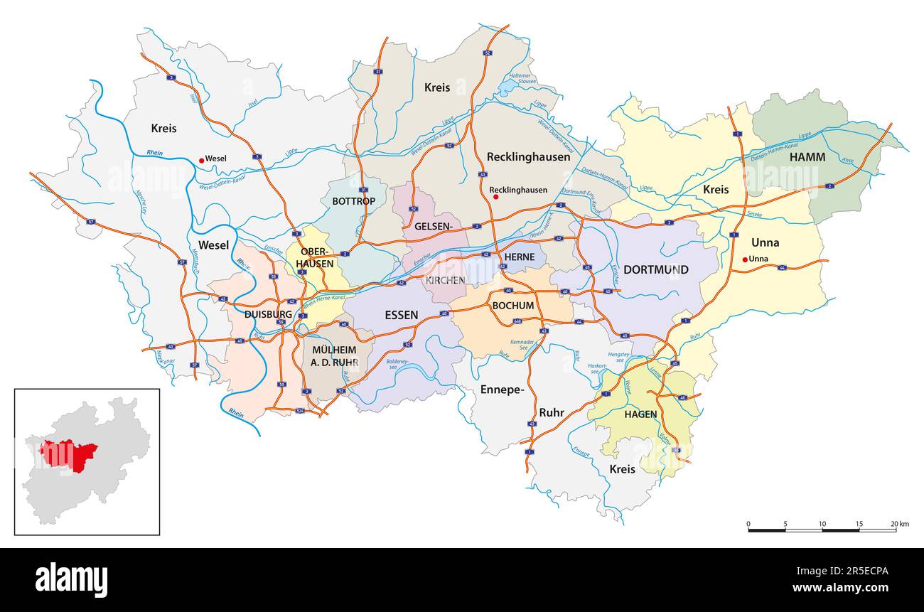 vektorkarte der größten deutschen Metropolregion, des Ruhrgebiets Stockfoto
