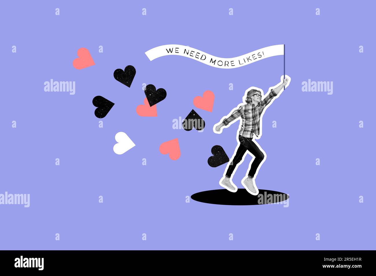 Collage Portrait von aufgeregtem Schwarzweiß-Effekt-Typ Arm halten wir brauchen mehr mag-Fahne isoliert auf violettem Hintergrund laufen Stockfoto