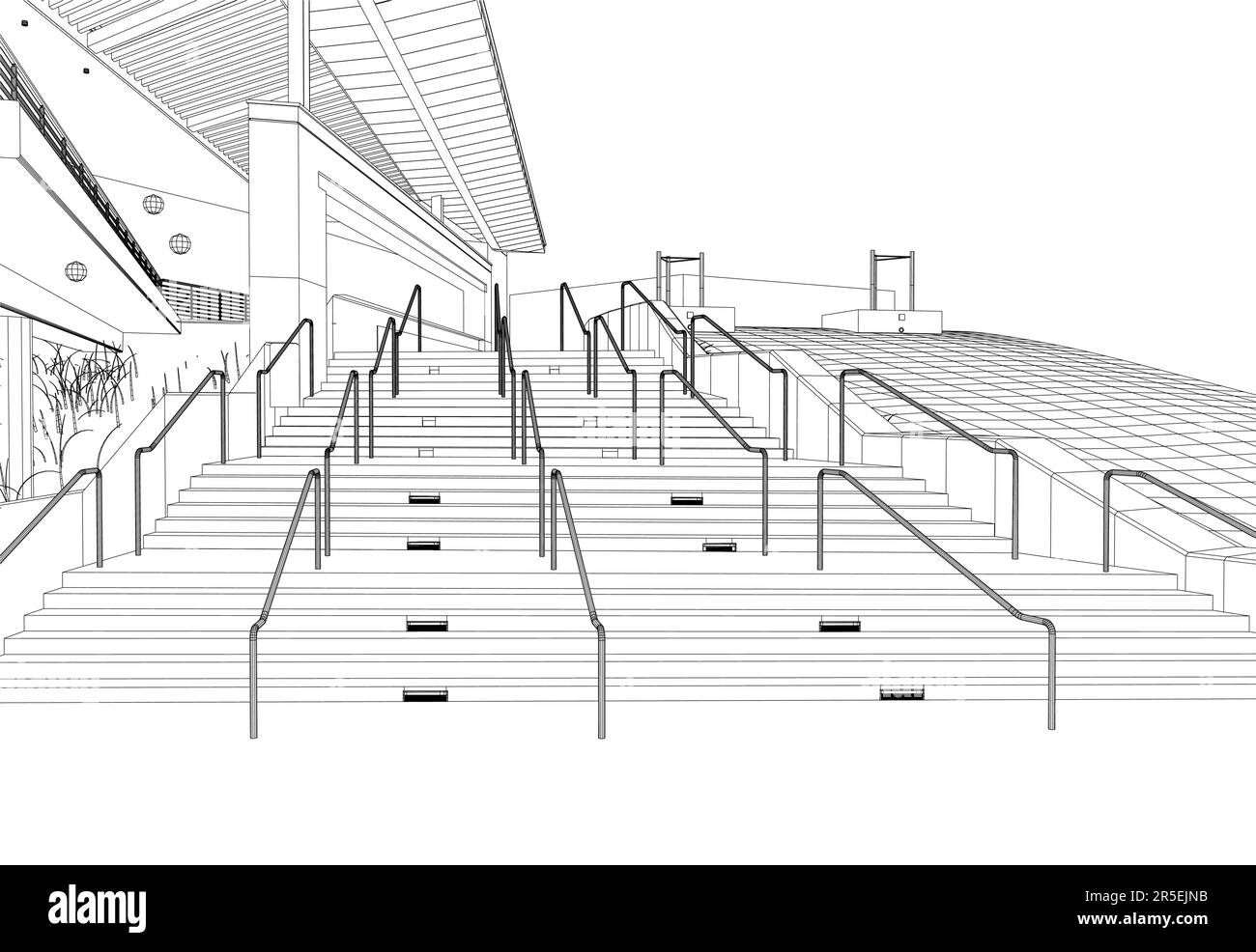 Umriss einer großen Treppe und eines Gebäudes mit schwarzen Linien, isoliert auf weißem Hintergrund. 3D. Vektordarstellung. Stock Vektor