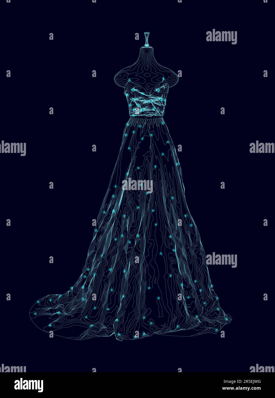 Die Kontur eines Hochzeitskleides auf einer Schaufensterpuppe mit blauen Linien und leuchtenden Lichtern, isoliert auf dunklem Hintergrund. Vektordarstellung. Stock Vektor