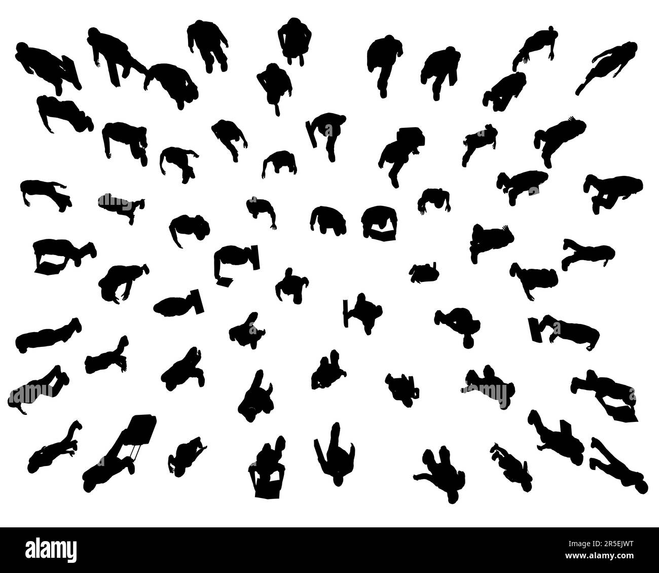 Silhouette einer Menschenmenge in verschiedenen Positionen, isoliert auf weißem Hintergrund. Menschen gehen zusammen. Blick von oben. Vektordarstellung. Stock Vektor