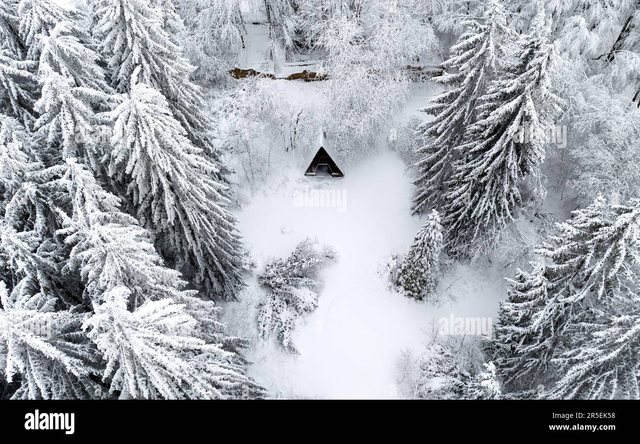 Winterlandschaft mit schneebedeckten Bäumen und einem kleinen Schutzhaus. Schneebedeckter Bergwald. Stockfoto
