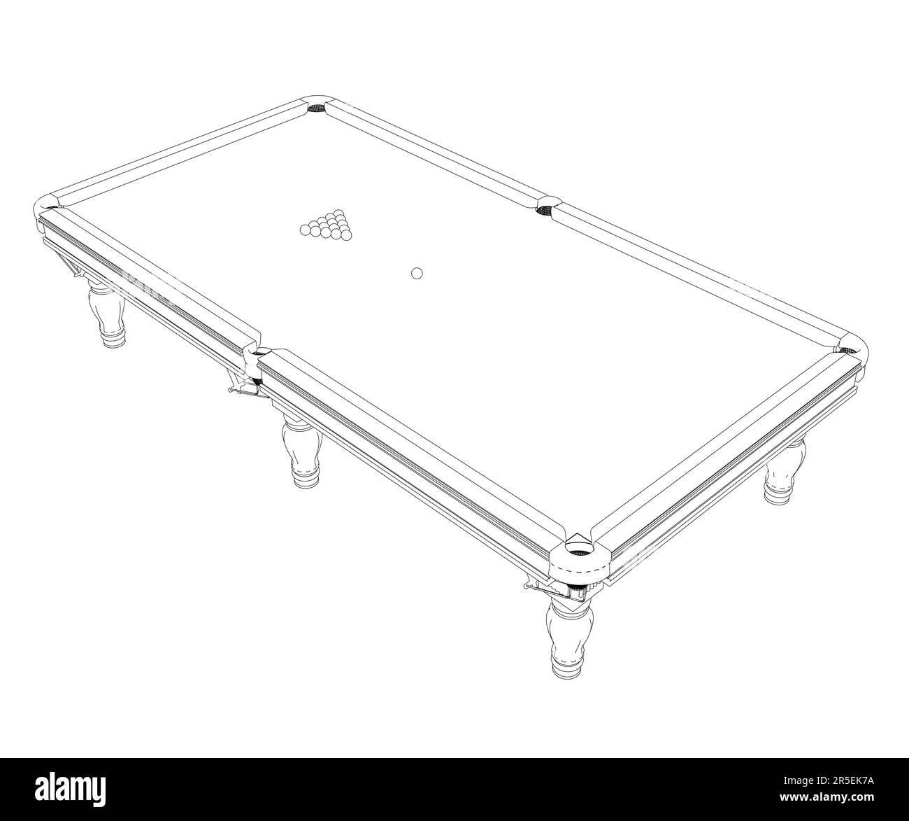 Kontur des Billardtisches mit Kugeln aus schwarzen Linien auf weißem Hintergrund. Isometrische Ansicht. 3D. Vektordarstellung. Stock Vektor