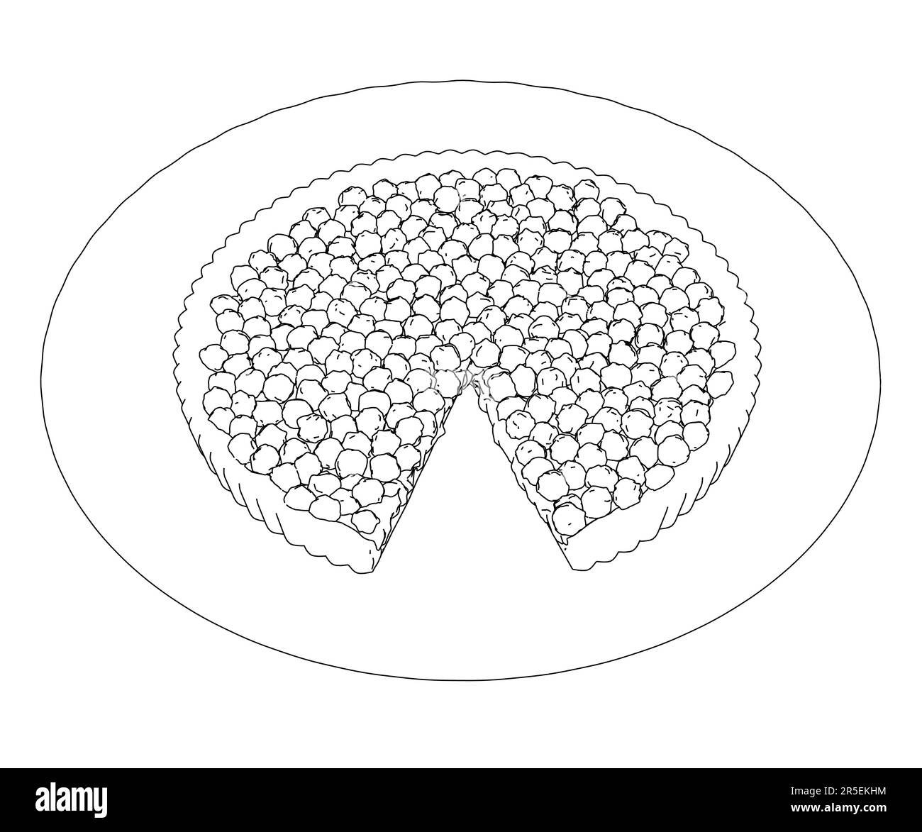Die Kontur einer Pastete mit Beeren mit einem abgeschnittenen Stück auf einer Platte aus schwarzen Linien, isoliert auf weißem Hintergrund. Isometrische Ansicht. 3D. Vektordarstellung Stock Vektor