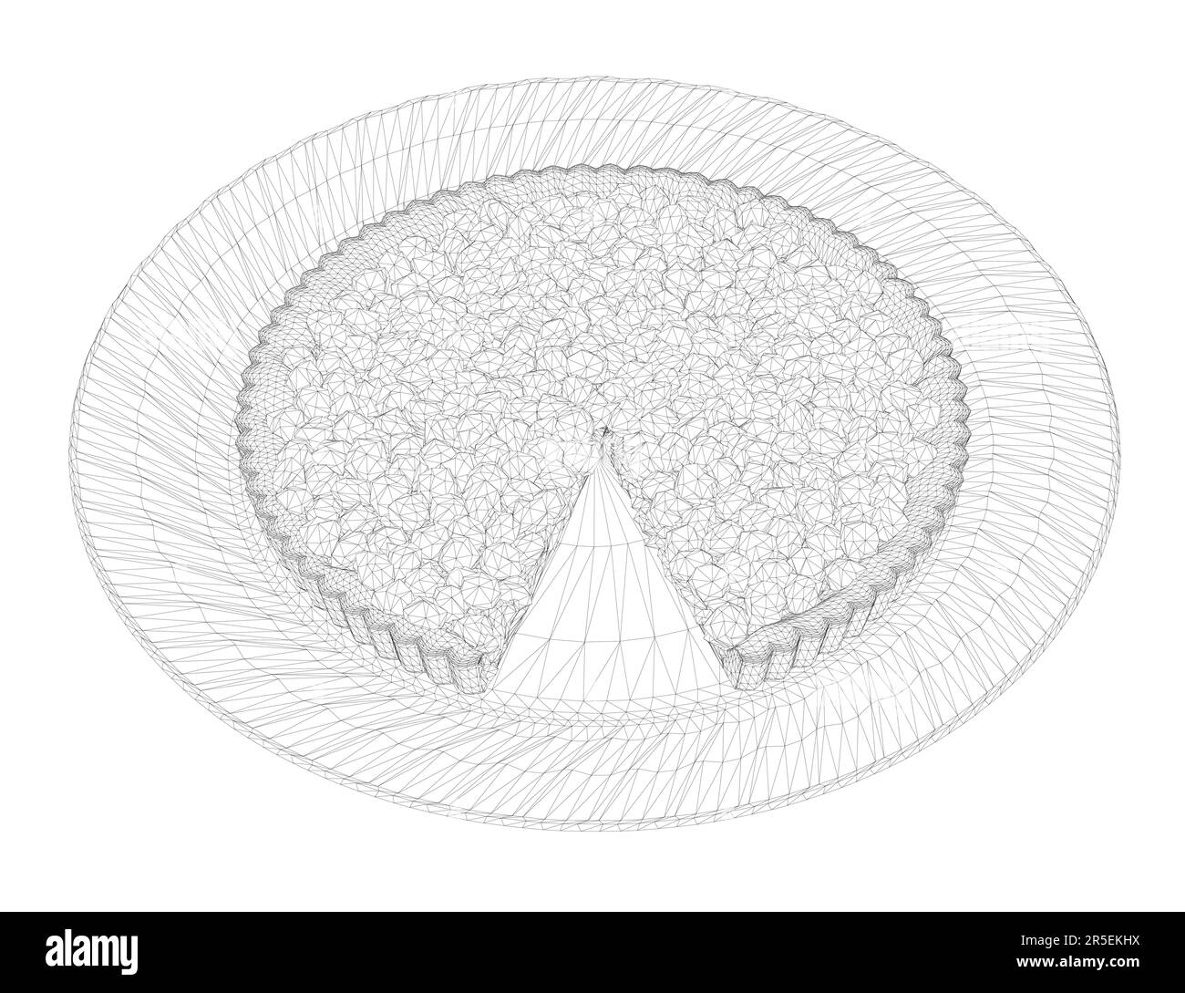 Drahtmodell einer Pastete mit Beeren mit einem abgeschnittenen Stück auf einem Teller von schwarzen Linien isoliert auf weißem Hintergrund. Isometrische Ansicht. 3D. Vector Illustrati Stock Vektor