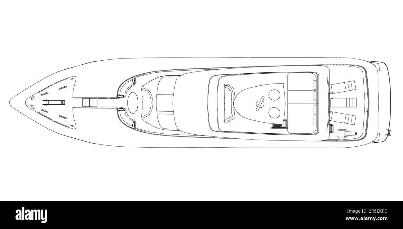 Umriss einer großen Luxusyacht von schwarzen Linien isoliert auf weißem Hintergrund. Blick von oben. 3D. Vektordarstellung. Stock Vektor Umriss einer großen Luxusyacht von schwarzen Linien isoliert auf weißem Hintergrund. Blick von oben. 3D. Vektordarstellung. Stock Vektor