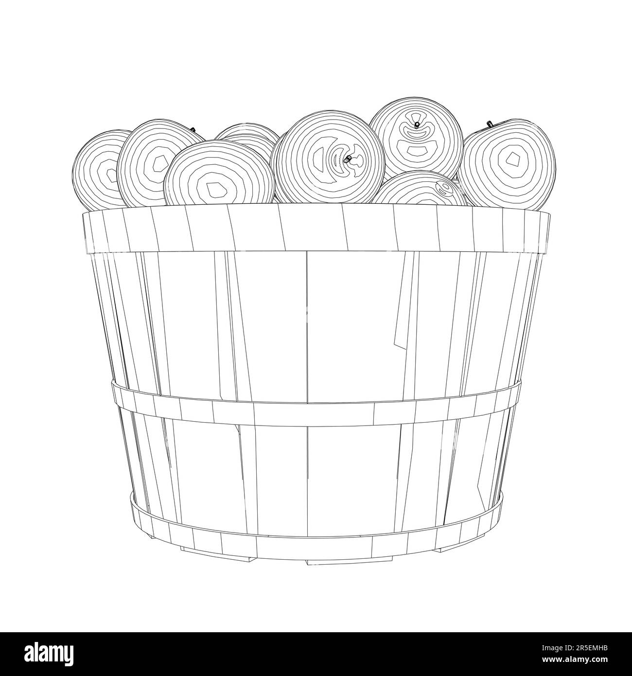 Umriss eines Apfelstapels in einem Eimer von schwarzen Linien auf weißem Hintergrund. Seitenansicht. 3D. Vektordarstellung. Stock Vektor