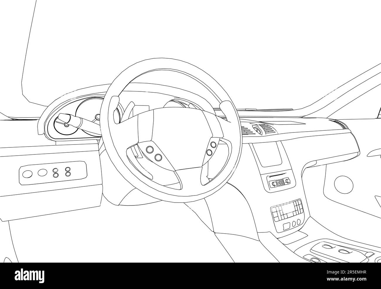 Die Kontur des Fahrzeuginnenraums durch schwarze Linien auf weißem Hintergrund. Ansicht vom Vordersitz. 3D. Vektordarstellung. Stock Vektor