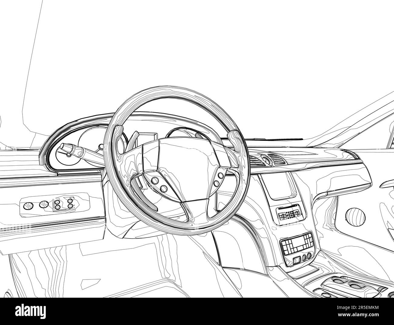 Die Kontur des Fahrzeuginnenraums durch schwarze Linien auf weißem Hintergrund. Ansicht vom Vordersitz. 3D. Vektordarstellung. Stock Vektor