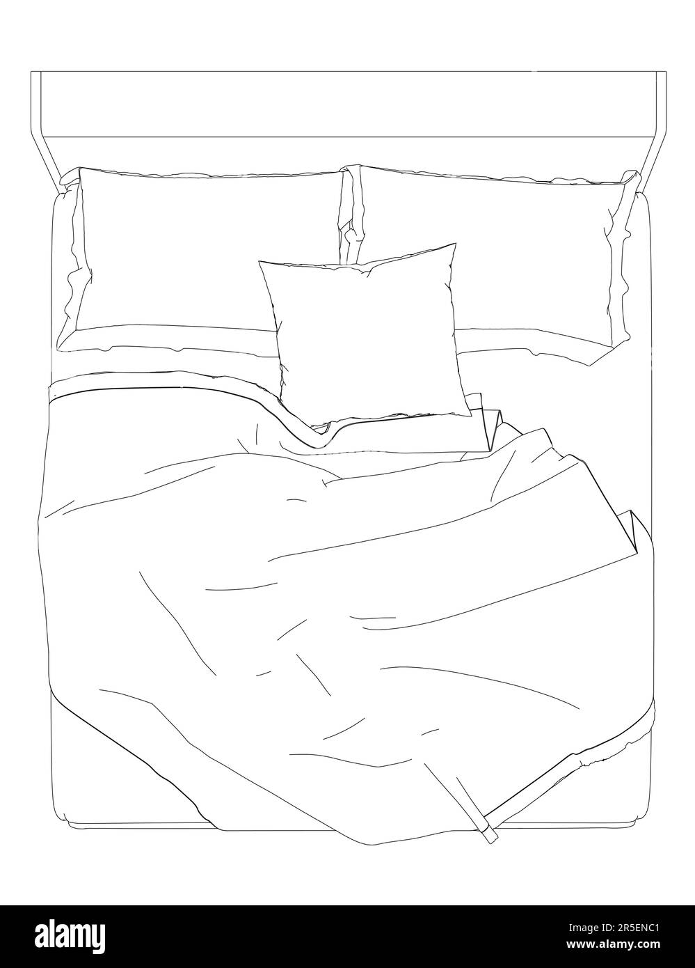Umriss eines großen Doppelbetts mit schwarzen Linien auf weißem Hintergrund. Blick von oben. 3D. Vektordarstellung. Stock Vektor
