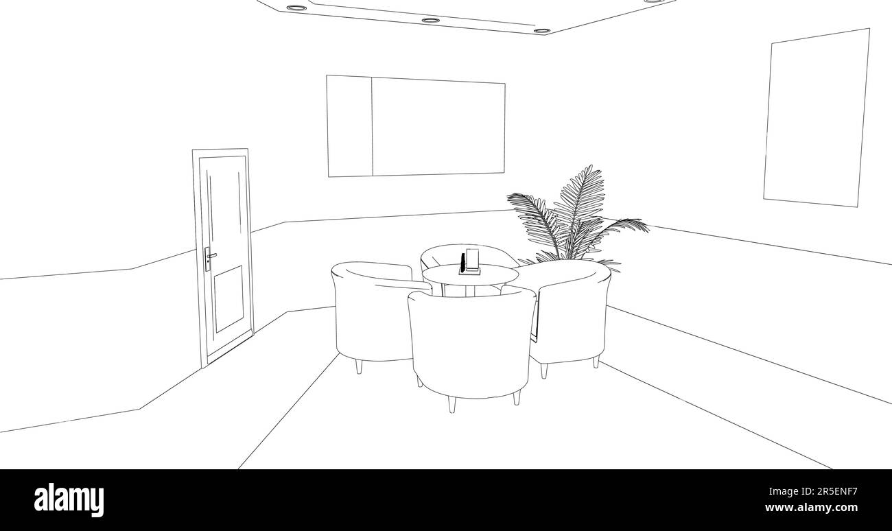 Die Kontur des Cafégeländes mit Tischen und Empfang aus schwarzen Linien, isoliert auf weißem Hintergrund. Vorderansicht. 3D. Vektordarstellung. Stock Vektor
