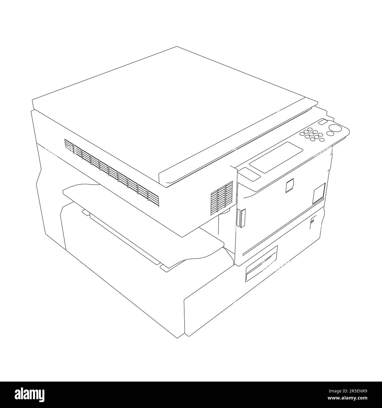 Umriss eines Bürokopierers aus schwarzen, auf weißem Hintergrund isolierten Linien. Isometrische Ansicht. 3D. Vektordarstellung. Stock Vektor