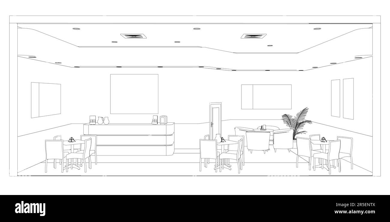 Die Kontur des Cafégeländes mit Tischen und Empfang aus schwarzen Linien, isoliert auf weißem Hintergrund. Vorderansicht. 3D. Vektordarstellung. Stock Vektor