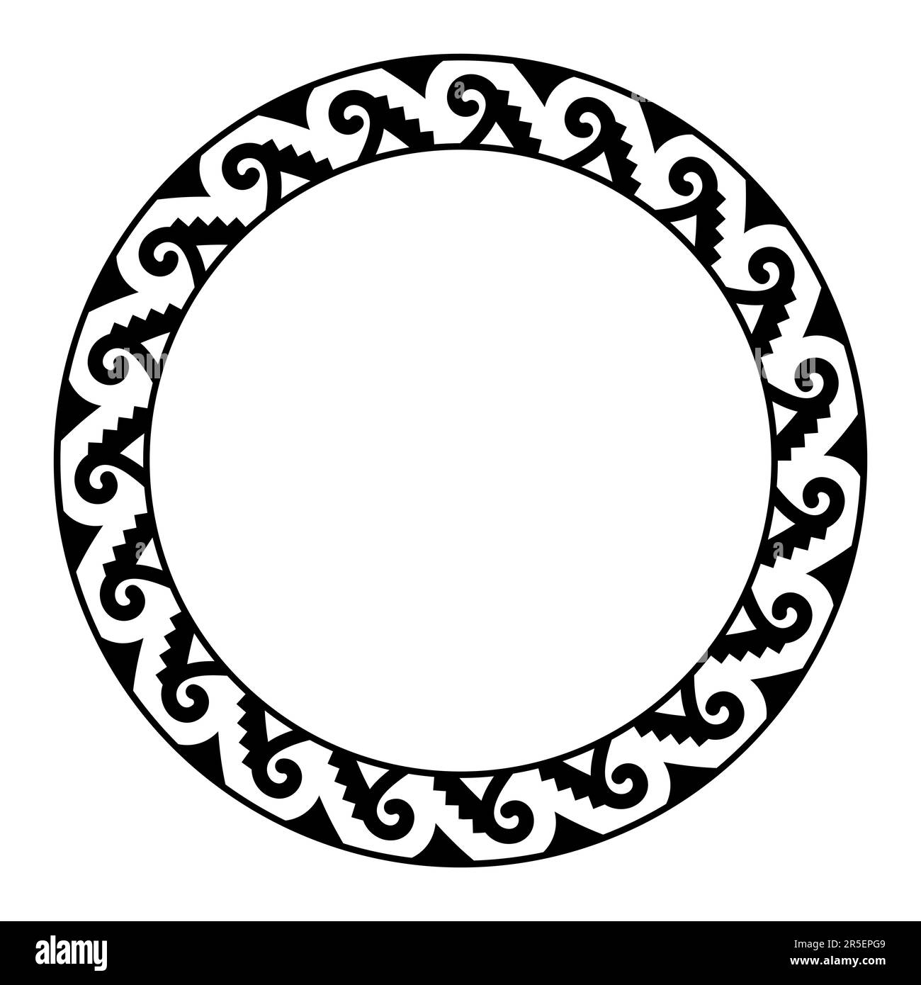 Aztekisches Spiralstufenmuster, Kreisrahmen. Dekorativer Rahmen aus einer Spirale in Form eines Fischhakens, auch Ankistron genannt, die mit Stufen verbunden ist. Stockfoto