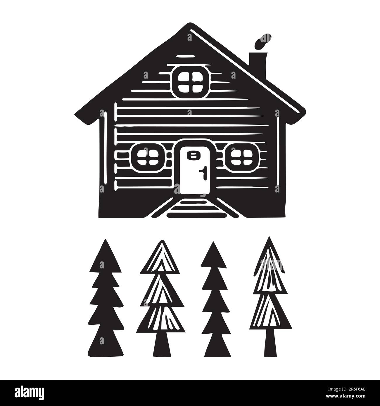 Eine Reihe von Vektordarstellungen für Holzhütten und Tannenbäume. Maskuline Outdoor-Reise im nordischen Linocut-Chalet in skandinavischer Urlaubsgruppe Stock Vektor