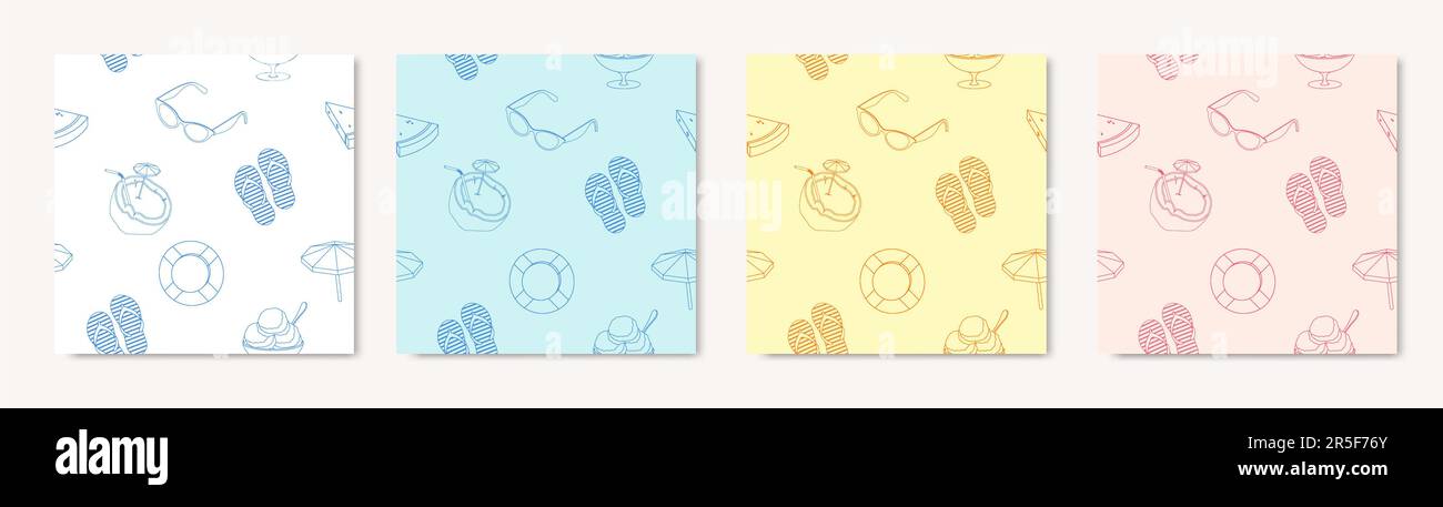 Set aus vier quadratischen, nahtlosen Mustern in einfachen Sommerstrandelementen, isoliert auf einfachem Hintergrund. Gut für Dekoration, Geschenkpapier. Stockfoto