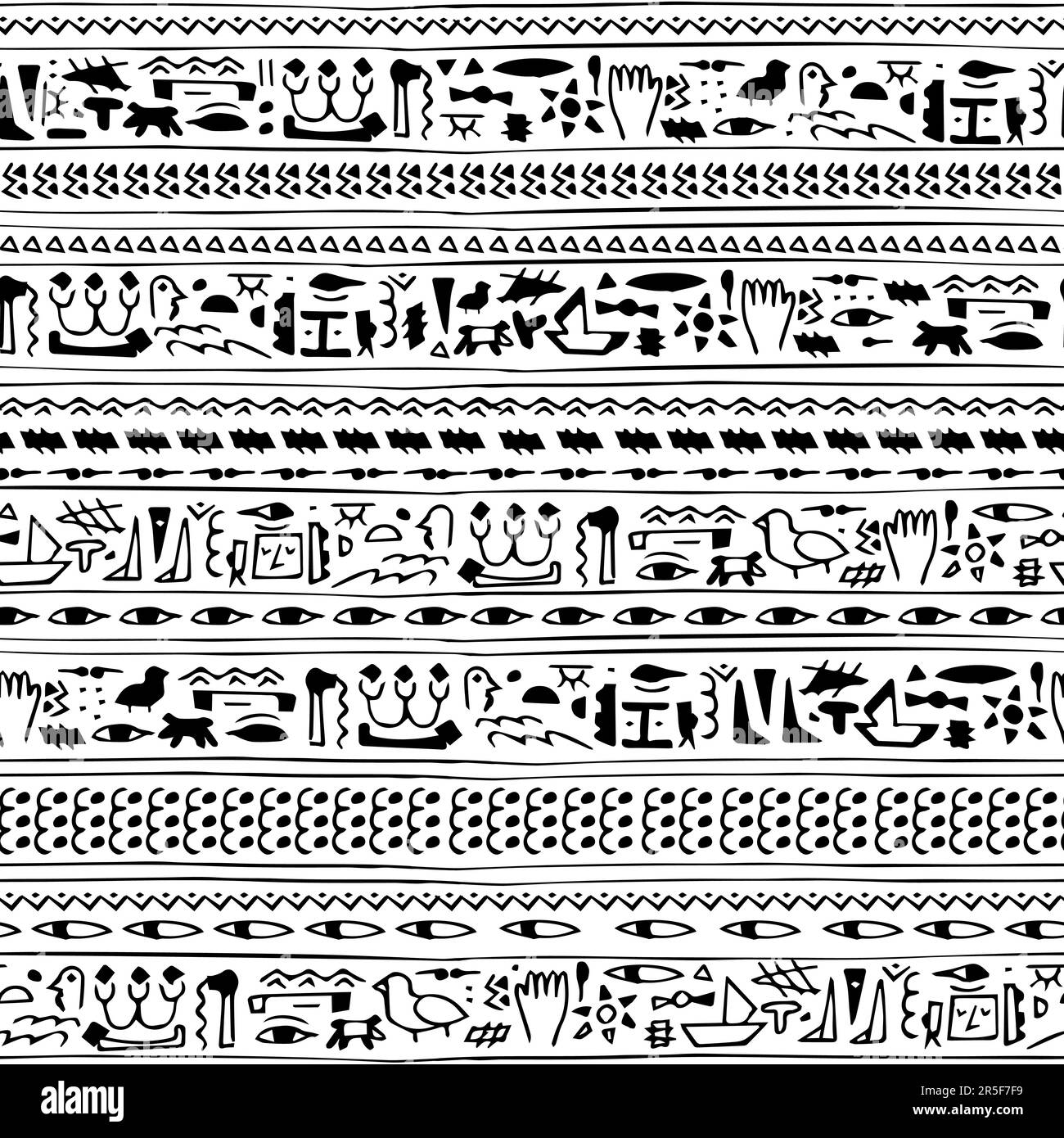 Die alten Ägypter verführen ein einfarbiges, nahtloses Muster mit handgezeichneten Symbolen, die an Hieroglyphen erinnern. Perfekt für Kleidung, Vorhänge und Stock Vektor