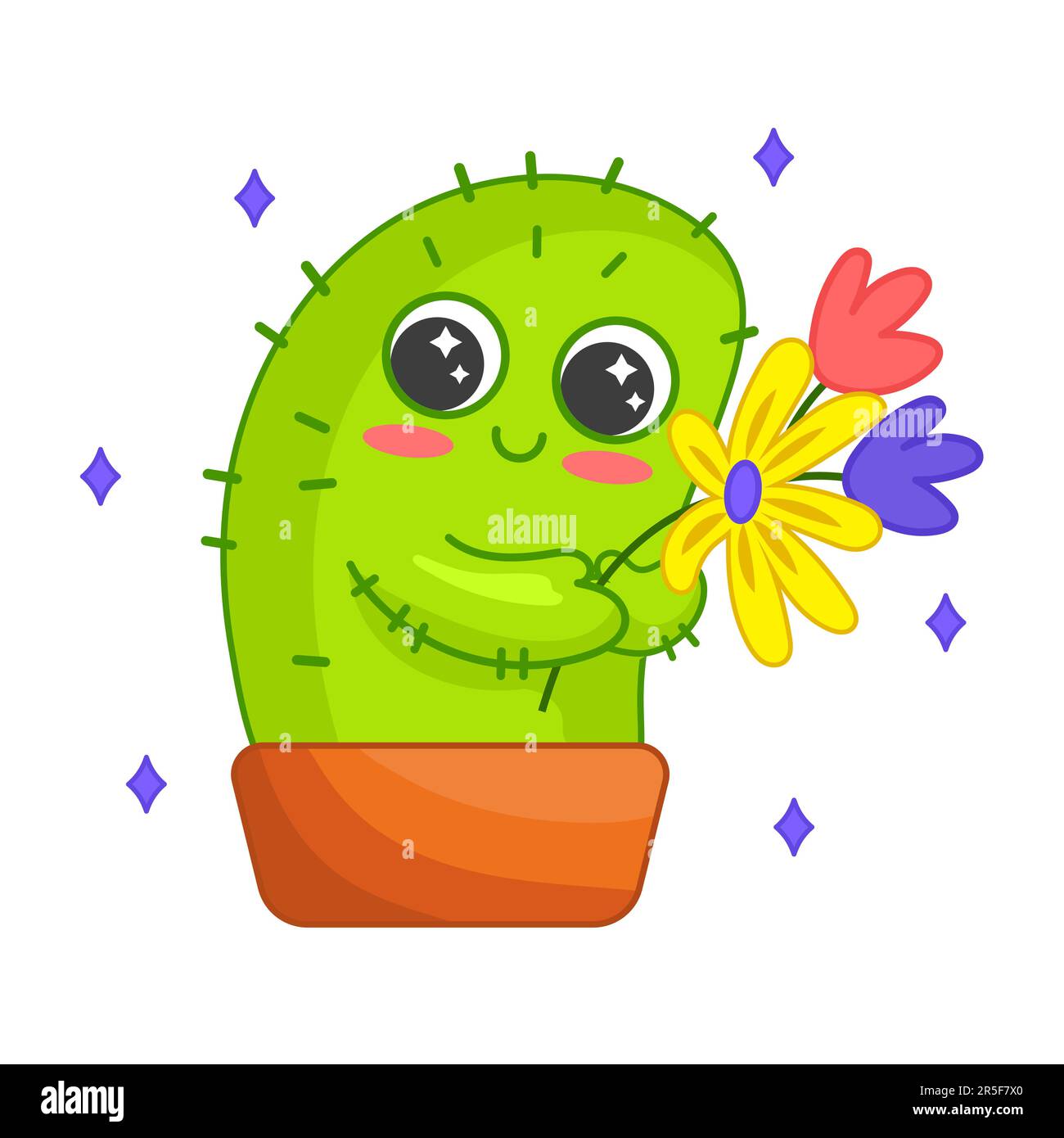 Süßer grüner Kaktus mit Blumen-Zeichentrickfilm-Sticker Stock Vektor