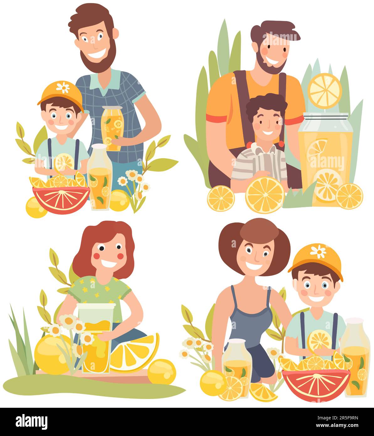 Glückliche Familie genießt die Natur, während sie erfrischende Limonade schlürfen und Momente der Freude teilen. Fruchtgetränk, Mutter, Vater und Kind, Blumen. Picknick in der Natur. Poster für Ihr Design. Vektor. Stock Vektor