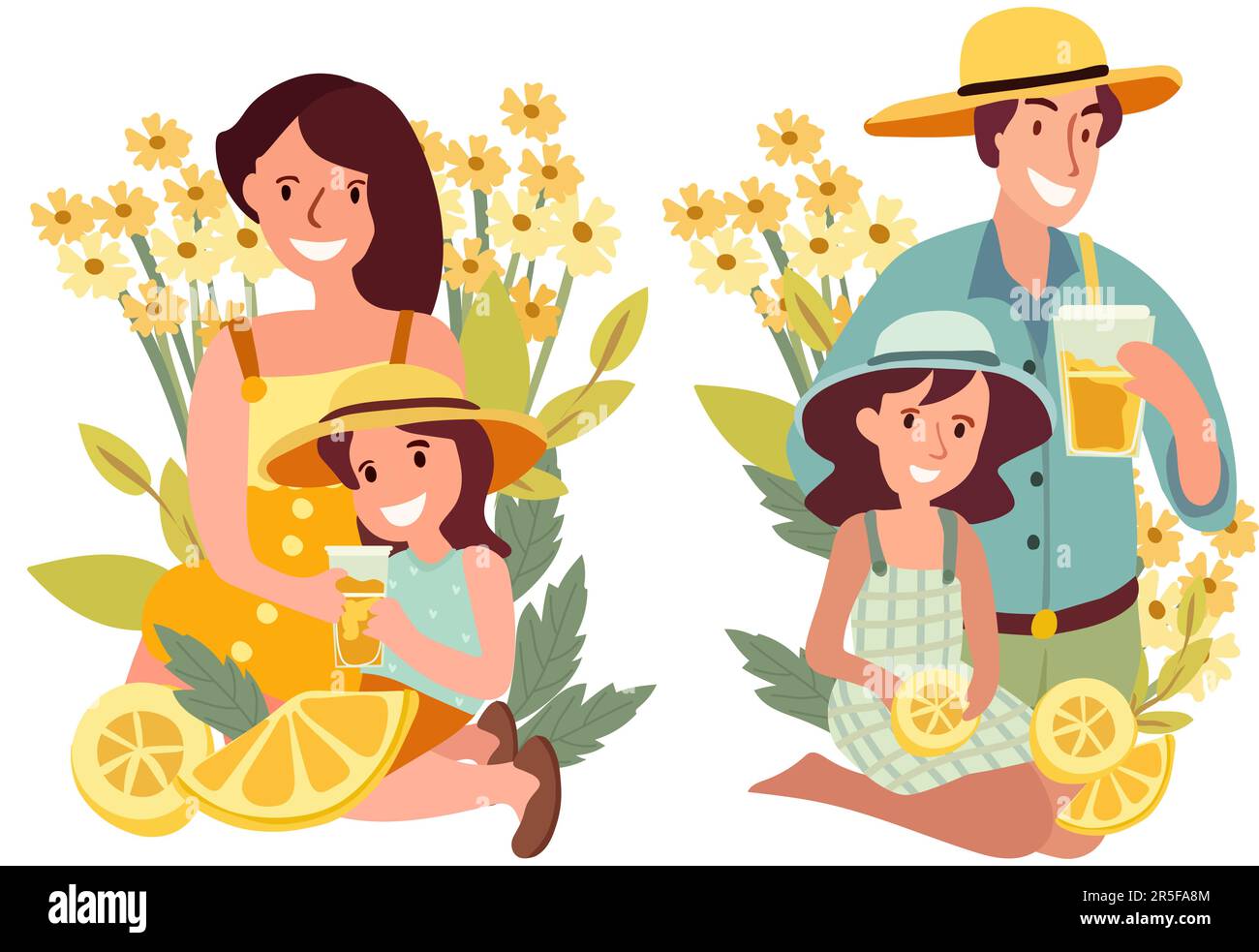 Glückliche Familie genießt die Natur, während sie erfrischende Limonade schlürfen und Momente der Freude teilen. Fruchtgetränk, Mutter, Vater und Kind, Blumen. Picknick in der Natur. Poster für Ihr Design. Vektor. Stock Vektor