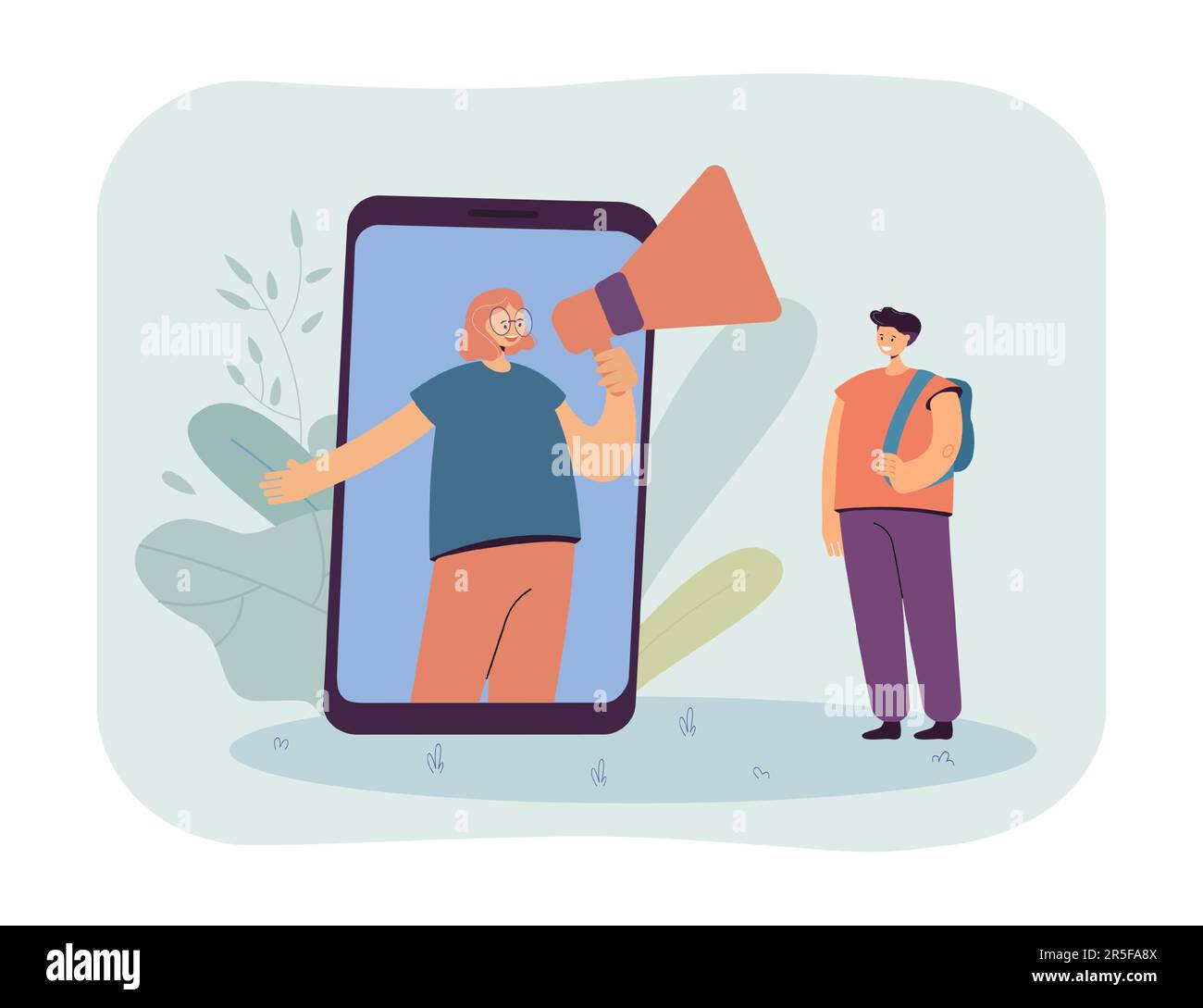 Klassenkamerad mit Megafon auf einem riesigen Telefonbildschirm, der dem Jungen Nachrichten überbringt Stock Vektor