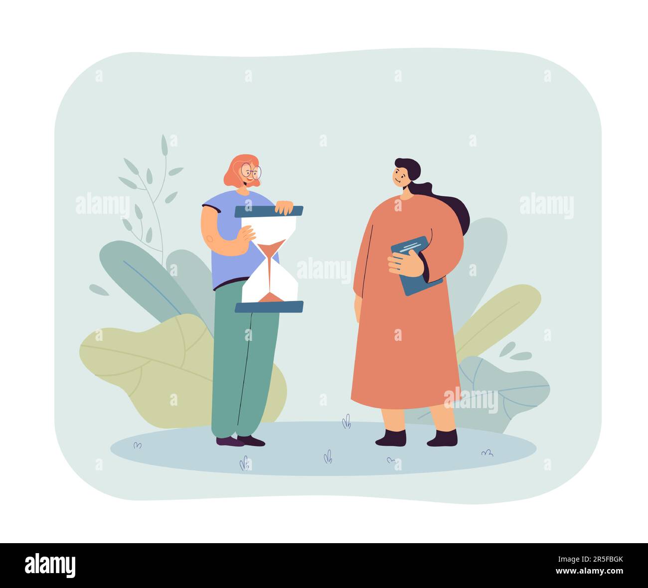 Eine Zeichentrickstudentin oder Büroangestellte, die eine riesige Sanduhr hält Stock Vektor