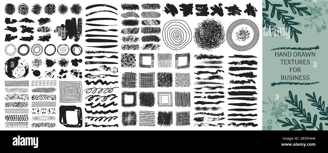 Pinsel, Shader und Pinselstriche. Flache abstrakte Muster, Naturtexturen für Unternehmen, handgezeichnete Kunstmarke im Vintage-Stil, Retro-Stempel. Markierungslinien und Pai Stock Vektor
