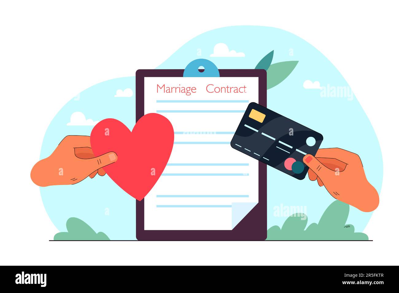 Hand strecken mit Herz und Kreditkarte im Ehevertrag Stock Vektor