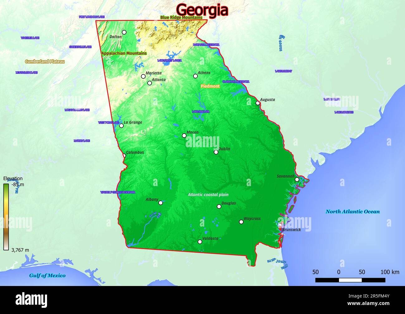 Die physische Karte von Georgia zeigt Topografie wie Berge, Hügel, Ebenen, Brücken, Flüsse, Seen Stockfoto