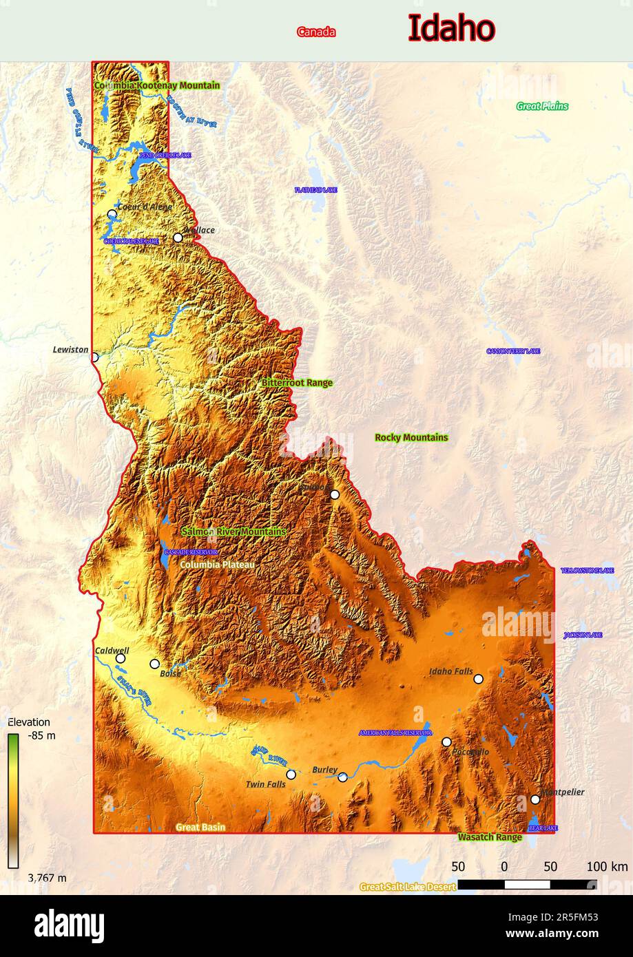 Die physische Karte von Idaho zeigt Topografie wie Berge, Hügel, Ebenen, Brücken, Flüsse, Seen Stockfoto