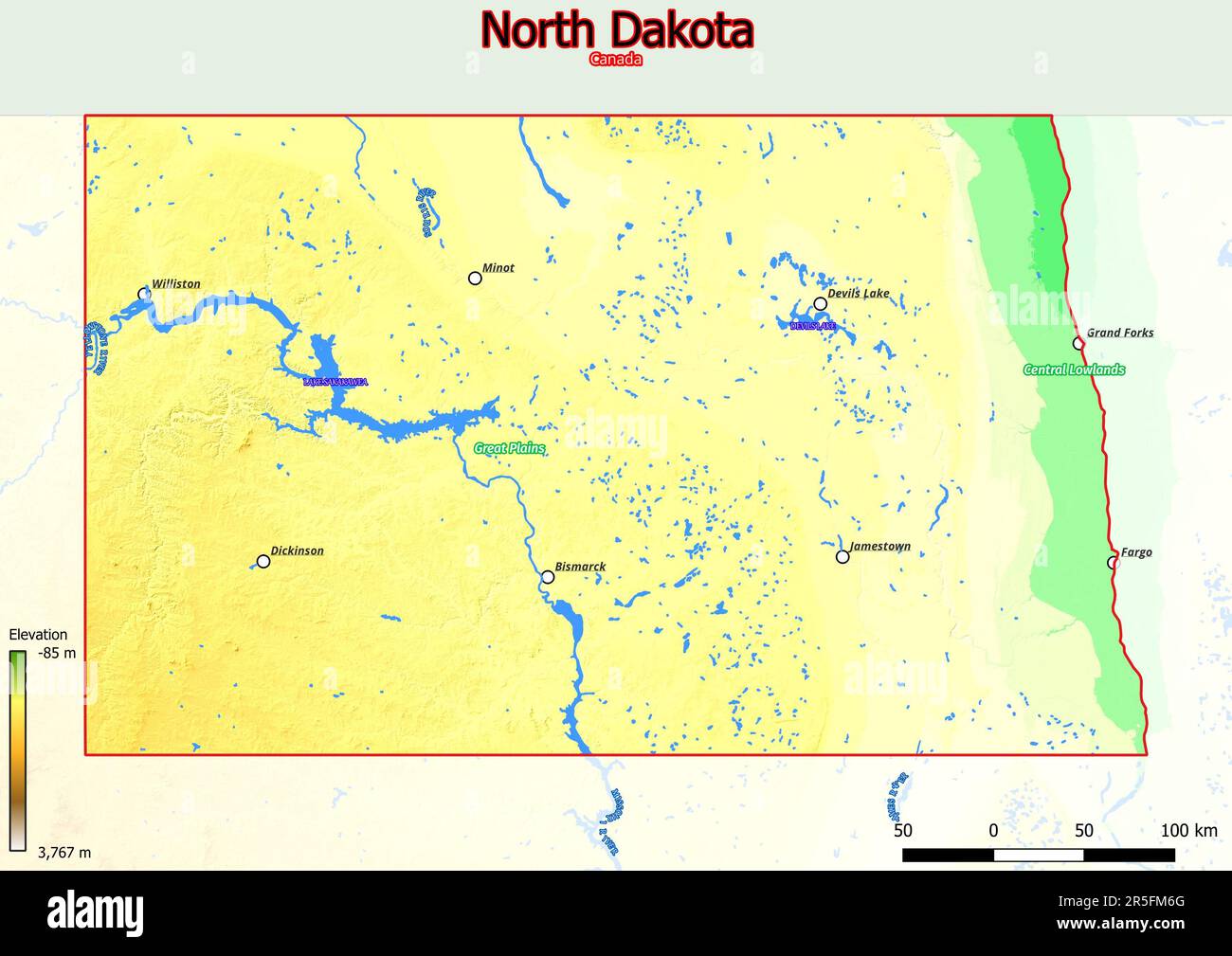 Physische Karte von North Dakota mit Bergen, Ebenen, Brücken, Flüssen, Seen, Berge, Städte Stockfoto