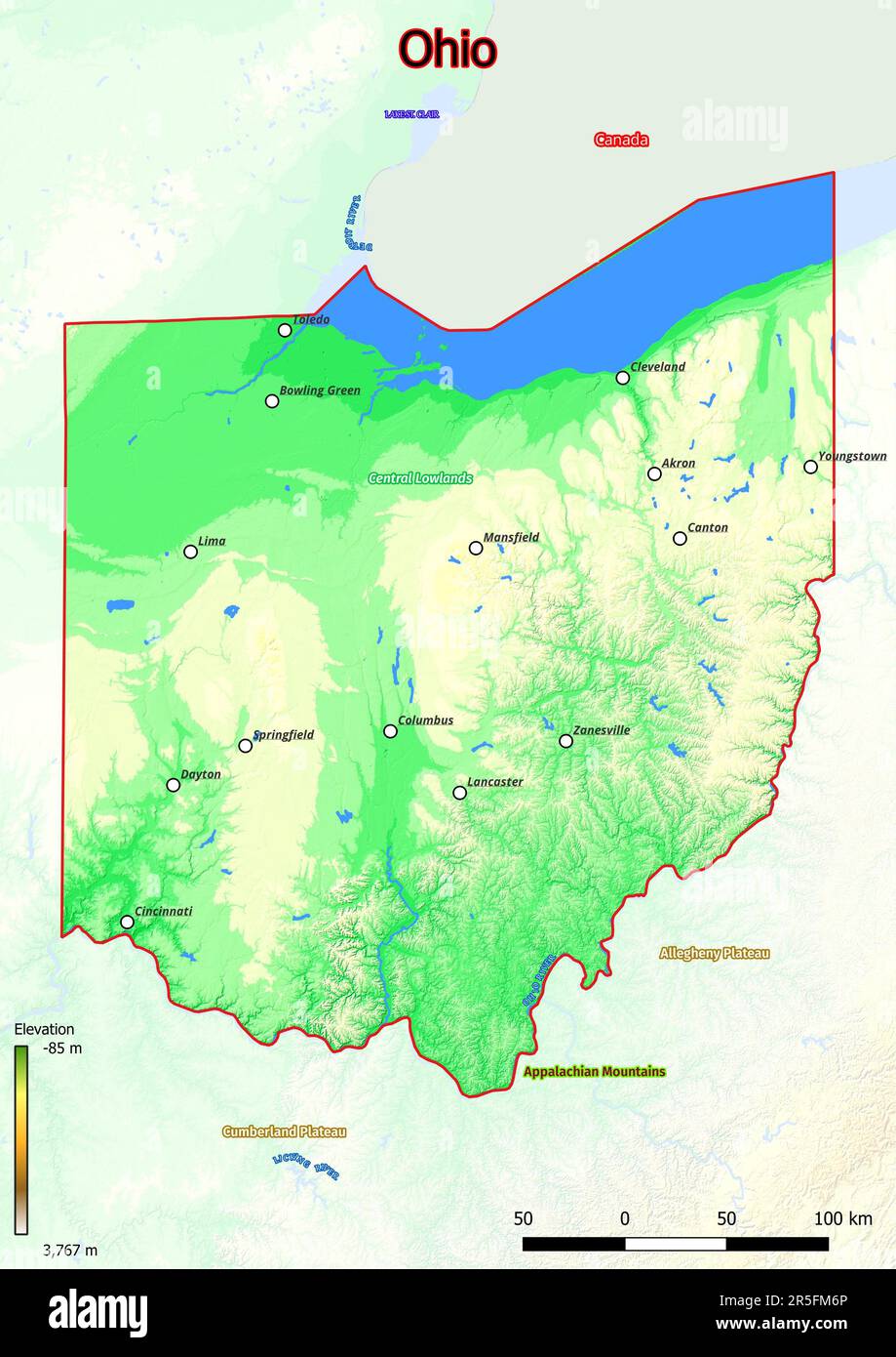 Physische Karte von Ohio zeigt Landformen wie Berge, Hügel, Ebenen, Brücken, Flüsse, Seen Stockfoto