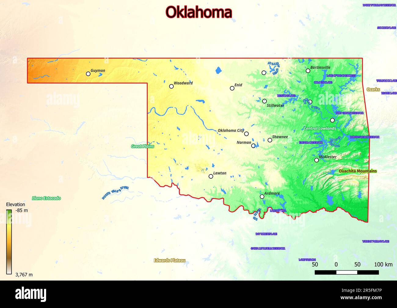 Physische Karte von Oklahoma zeigt Landschaftsmerkmale wie Berge, Hügel, Ebenen, Brücken, Flüsse, Seen Stockfoto