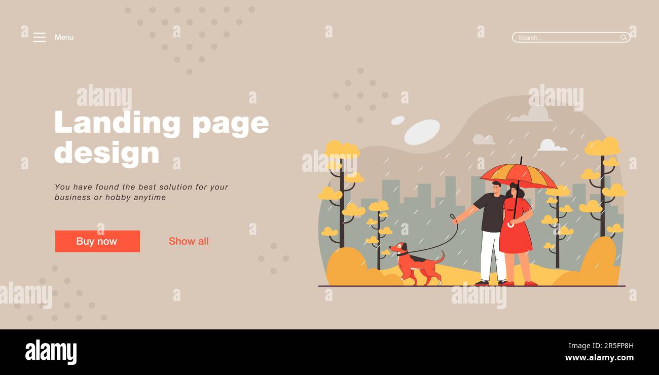 Ein Paar, das bei schlechtem, regnerischem Wetter mit einem Hund spaziert Stock Vektor