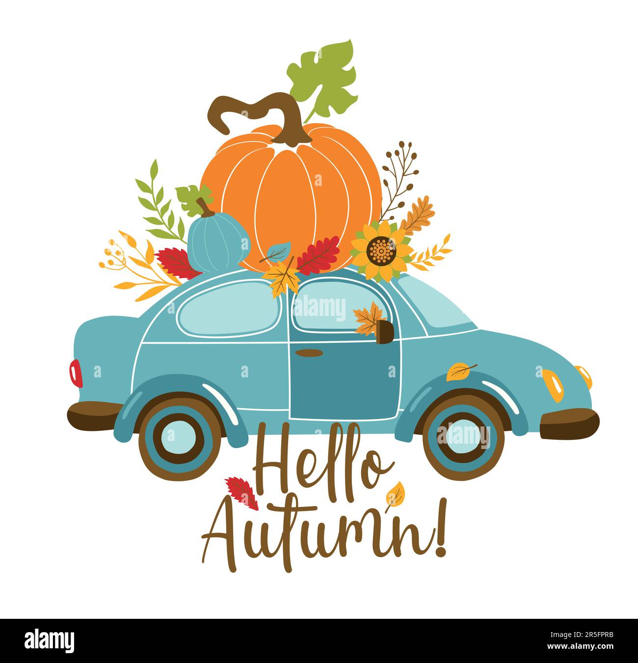 Vektor Herbstgrußkarte mit Auto und Kürbis, fallenden Blättern und Text Hallo Herbst . Hintergrund für die Herbstsaison. Poster mit Transport und Stock Vektor